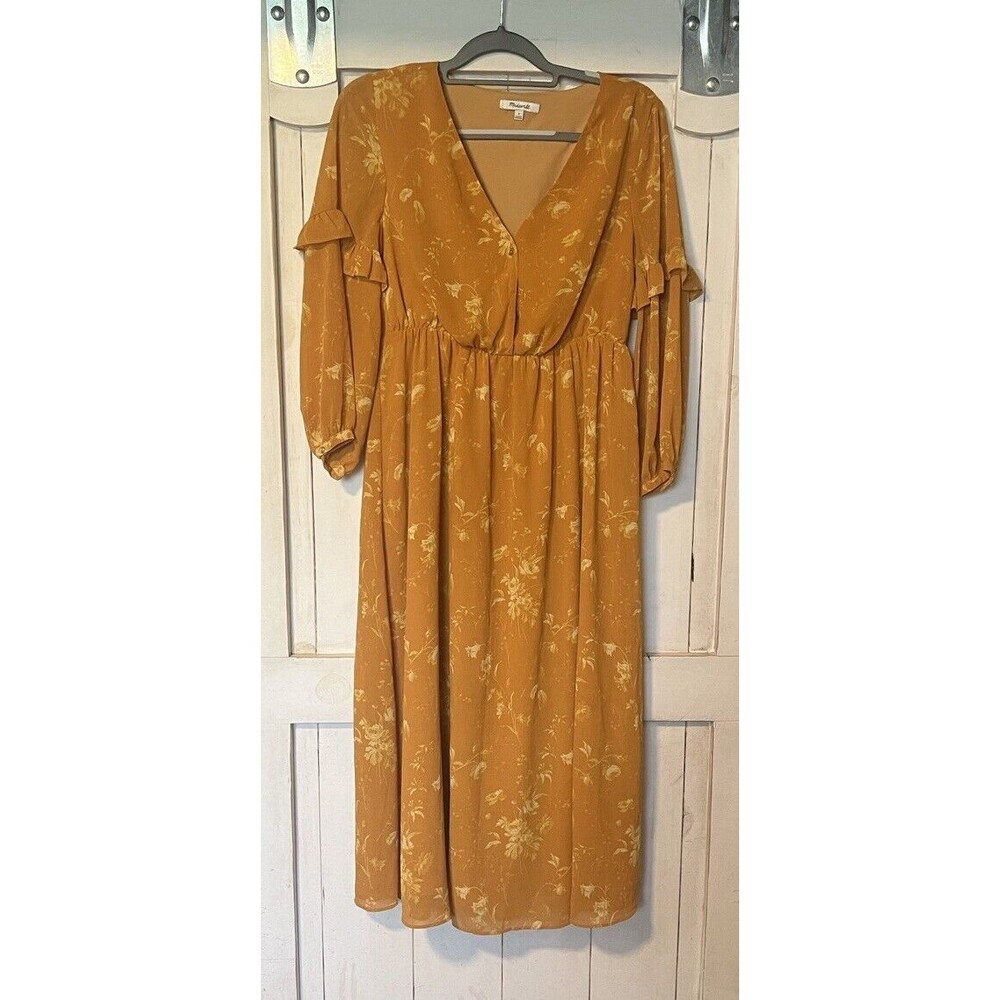 Madewell Ruffle-Sleeve Button-Front Dress in Golden Tonal Botanical Size 4